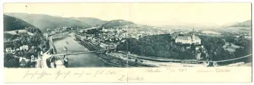 Klapp-AK Tetschen, Panorama-Ansicht am Fluss