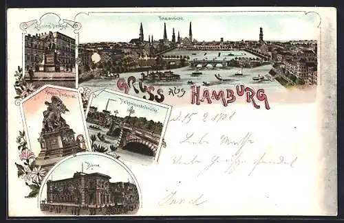 Lithographie Hamburg, Lessing Denkmal, Lombardsbrücke und die Börse mit Glitzer-Akzenten