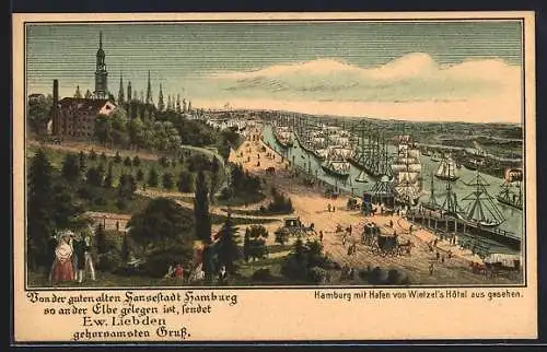 Lithographie Hamburg, Mit Hafen von Wietzel`s Hotel aus gesehen