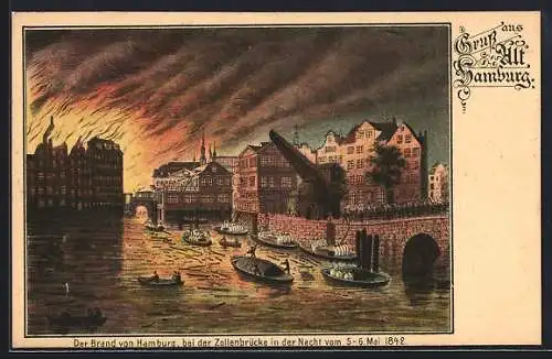 Lithographie Alt-Hamburg, Der Brand bei der Zollenbrücke 1842