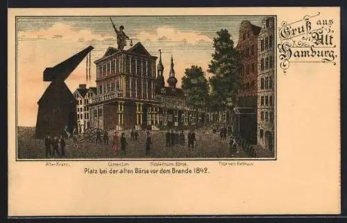 Lithographie Alt-Hamburg, Platz bei der alten Börse vor dem Brande 1942