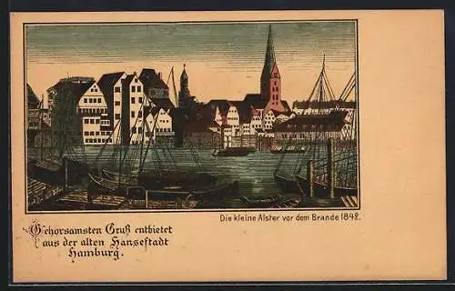 Lithographie Alt-Hamburg, Die kleine Alster vor dem Brande 1842, Segelboote