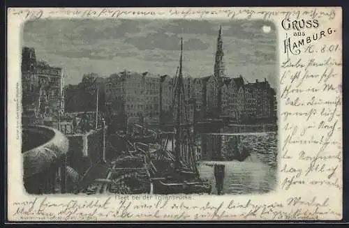 Mondschein-Lithographie Alt-Hamburg, Fleet bei der Lollenbrücke