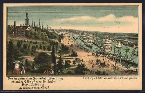 Lithographie Hamburg, Mit Hafen von Wietzel`s Hotel aus gesehen