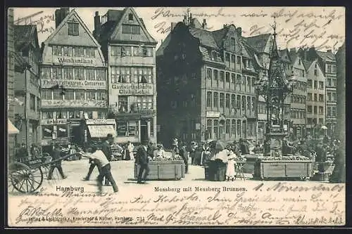 AK Hamburg, Messberg mit Messberg Brunnen, Markthändler