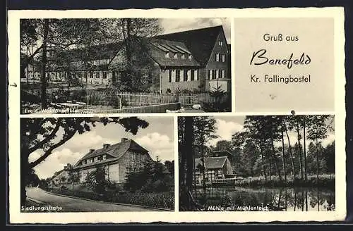 AK Benefeld, Siedlungsstrasse, Mühle mit Mühlenteich, Freie Waldorfschule