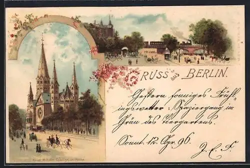 Lithographie Berlin-Charlottenburg, Kaiser-Wilhelm-Gedächtnis-Kirche mit Pferdebahn, Savigny-Platz mit Eisenbahn