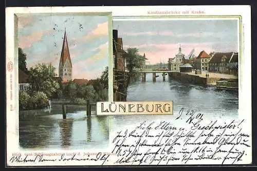 AK Lüneburg, Kaufhausbrücke mit Kran, Blick vom Schiessgraben nach der Johannis-Kirche