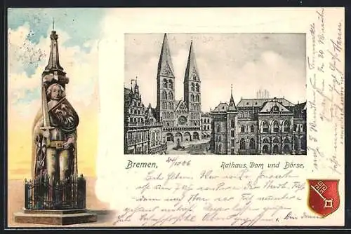 Lithographie Bremen, Rathaus, Dom und Börse, Roland, Wappen