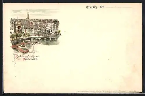 Lithographie Hamburg, Reesendammbrücke und Alsterarkaden