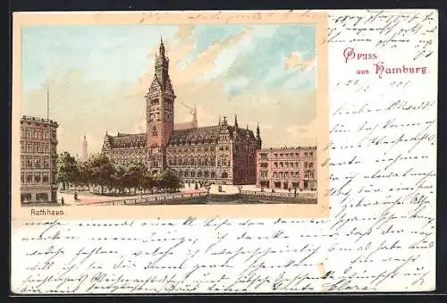 Lithographie Hamburg, Blick auf Rathaus