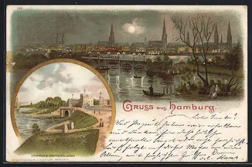 Lithographie Hamburg-Uhlenhorst, Panorama, Feenteichbrücke