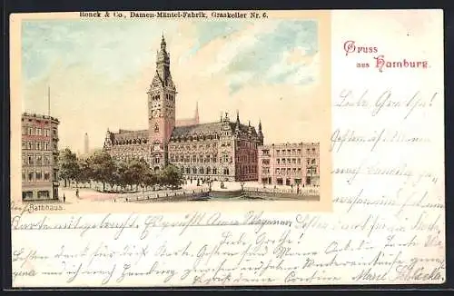 Lithographie Hamburg, Blick auf Rathaus