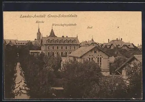 AK Gross-Schweidnitz, Kgl. Landes-Anstalt, Kirche, Wirtschaftsgebäude