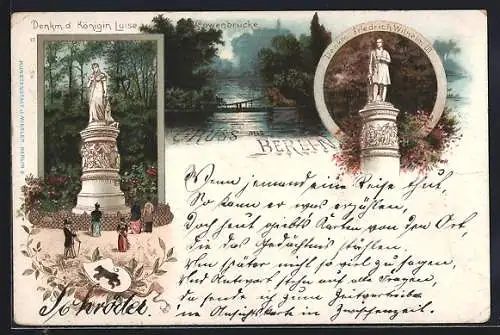 Lithographie Berlin-Tiergarten, Denkmal der Königin Luise, Löwenbrücke