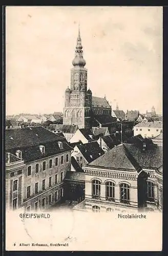 AK Greifswald, Nicolaikirche aus der Vogelschau