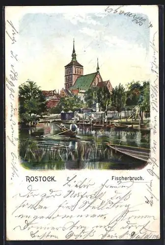 Künstler-AK Rostock, Fischerbruch mit Kirche