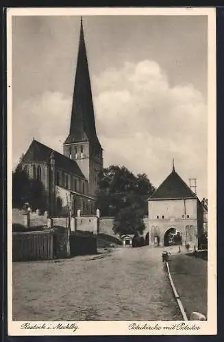 AK Rostock i.M., Petrikirche mit Petritor