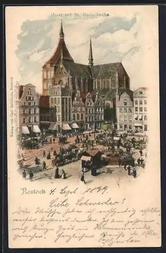 AK Rostock, Markt mit St. Marienkirche