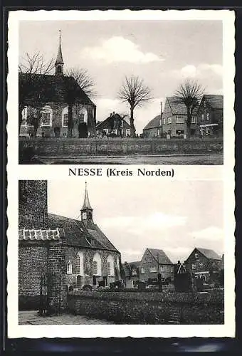 AK Nesse /Kr. Norden, Ortspartien mit Kirche