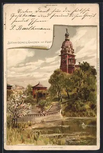 Künstler-Lithographie Carl Biese: Hamburg-St. Pauli, Botanischer Garten mit Post