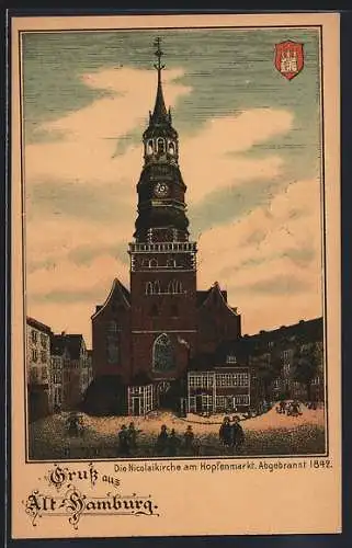 Lithographie Alt-Hamburg, Nicolsaikirche am Hopfenmarkt