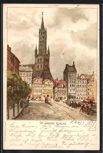 Künstler-Lithographie Carl Biese: Hamburg, St. Jacobi-Kirche, Jacobikirchhof
