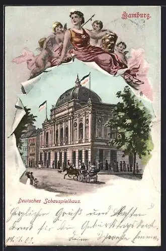 AK Hamburg-St.Georg, Deutsches Schauspielhaus, Frauenfigur mit Engeln