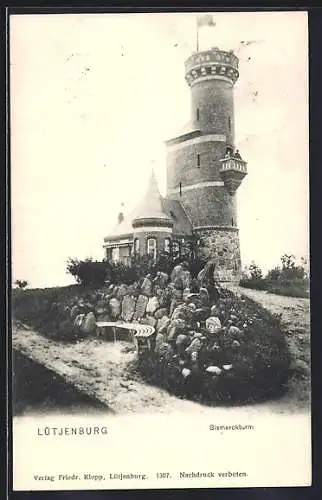 AK Lütjenburg, Bismarckturm mit Zugangsweg u. Bank