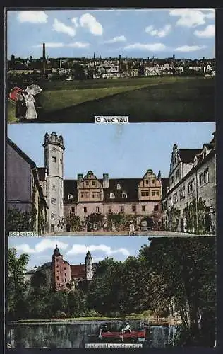 AK Glauchau, Schloss Hinter-Glauchau, Partie im Schlosshof, Blick zum Ort