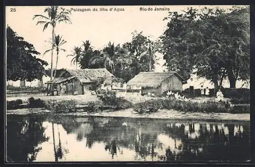 AK Rio de Janeiro, Paizagem da Ilha d`Agua, Hütten auf einer Insel, Bewohner und Hühner