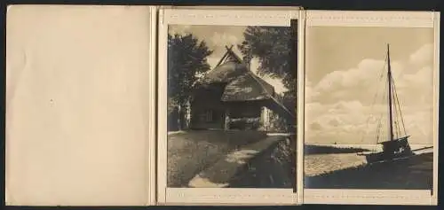 8 Fotografien Fritz Wegscheider, Ahrenshoop, Ansicht Ahrenshoop, Kirche, alte Katen, Fischerboot, Strandpartie