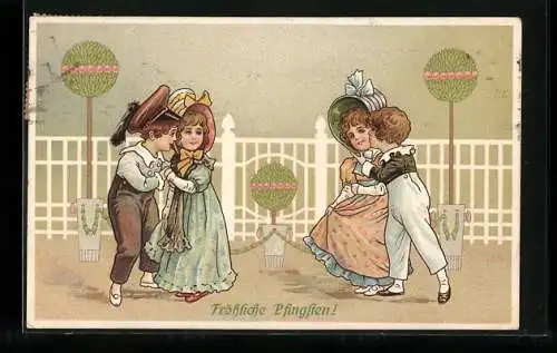 AK Zwei junge Paare gehen in feiner Kleidung spazieren