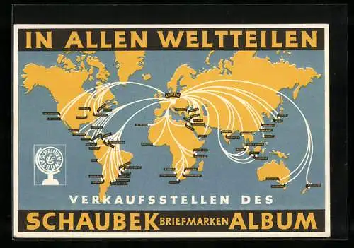 AK Tag der Briefmarke 1938, Reklame für Schaubek-Briefmarkenalbum, Weltkarte