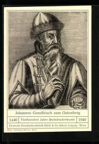 Künstler-AK Johannes Gensfleisch zum Gutenberg, Fünfhundert Jahre Buchdruckerkunst