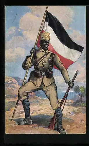 AK Deutsch-Ostafrika, Askari in Uniform mit Flagge des Deutschen Reiches und Gewehr