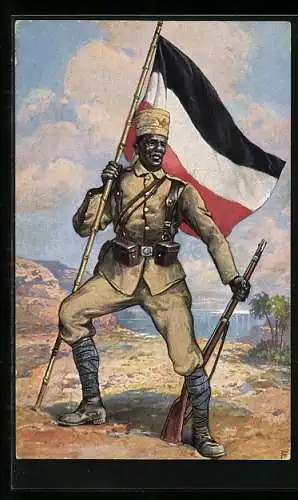 AK Deutsch-Ostafrika, Askari in Uniform mit Flagge des Deutschen Reiches und Gewehr