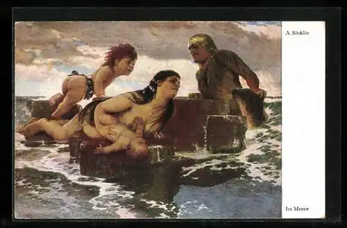 Künstler-AK Arnold Böcklin: Meeresidylle, Familie des Meeresvolks, Nixe, Wassermann