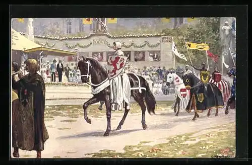 Künstler-AK Kaiser-Jubiläums-Huldigungs-Festzug Wien 1908, Gruppe I: König Rudolf v. Habsburg mit dem dt. Heerbann