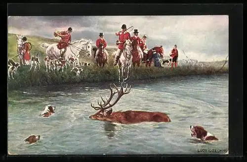 Künstler-AK Ludwig Fromme: Jäger mit Pferden am Ufer und Hirsch im Wasser