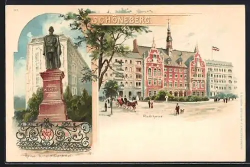 Lithographie Berlin-Schöneberg, Kaiser Wilhelm Denkmal, Blick zum Rathaus