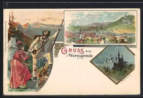 Lithographie Wernigerode, Panorama, Schloss, Pärchen beim wandern