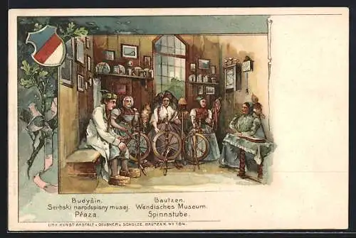 Lithographie Bautzen, Wendisches Museum, Spinnstube m. Personen in sächs, Trachten