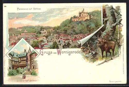 Lithographie Wernigerode, Totalansicht, Innerer Hof Holzbau