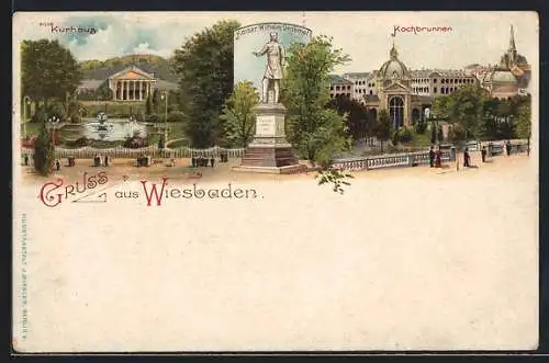 Lithographie Wiesbaden, Kochbrunnen und Kurhaus