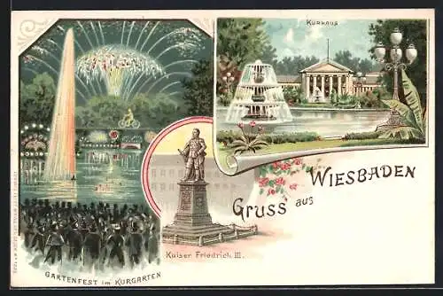 Lithographie Wiesbaden, Kurhaus, Gartenfest im Kurgarten mit Feuerwerk