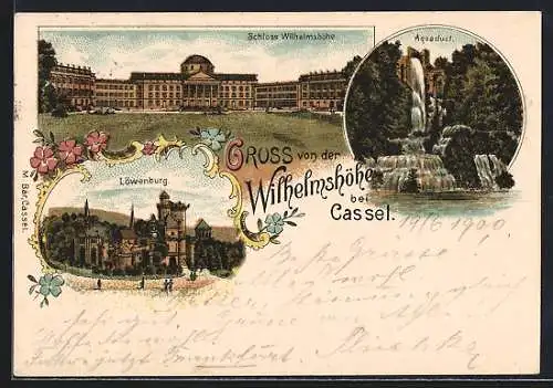 Lithographie Wilhelmshöhe b. Cassel, Blick auf das Schloss Wilhelmshöhe, Aquadukt