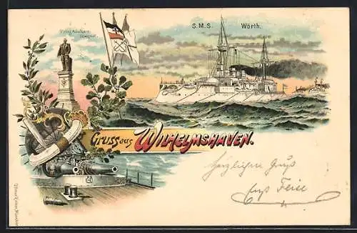 Lithographie Wilhelmshaven, SMS Wörth auf hoher See, Prinz Adalbert-Denkmal