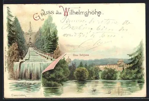 Lithographie Kassel-Wilhelmshöhe, Partie am Schloss mit Cascadenblick