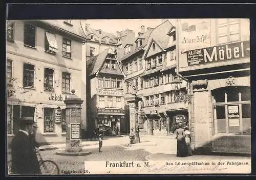 AK Alt-Frankfurt, Löwenplätzchen in der Fahrgasse mit Geschäften und Litfasssäule